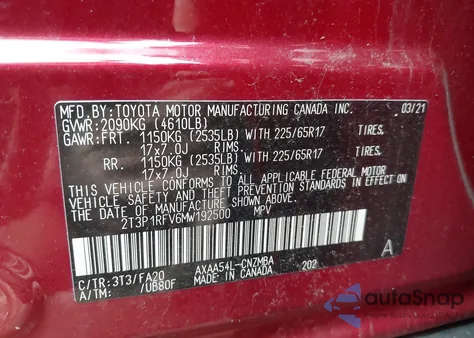 2021 Toyota Rav4 Xle из США, поврежденный, VIN 2T3P1RFV6MW192500